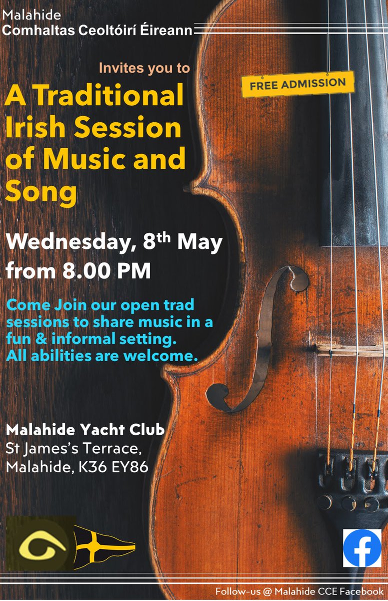 🎸Free Event🎸
📍Malahide Yacht Club 
🗓️ Monday 8th May
⏰ 8pm
A traditional Irish session of Music & Song!
@Fingalcoco