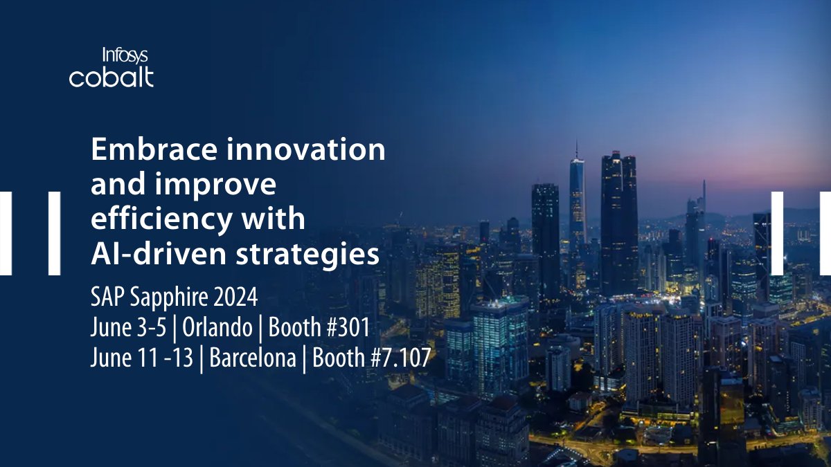 Leverage the power of AI to optimize operations, fuel business innovation, and drive the future with Infosys.  

#SAP #Sapphire2024
June 3-5 | Orlando | Booth #301
June 11-13 | Barcelona | Booth #7107
 
#InfyAtSapphire #SAPSapphire #InfySAPServices