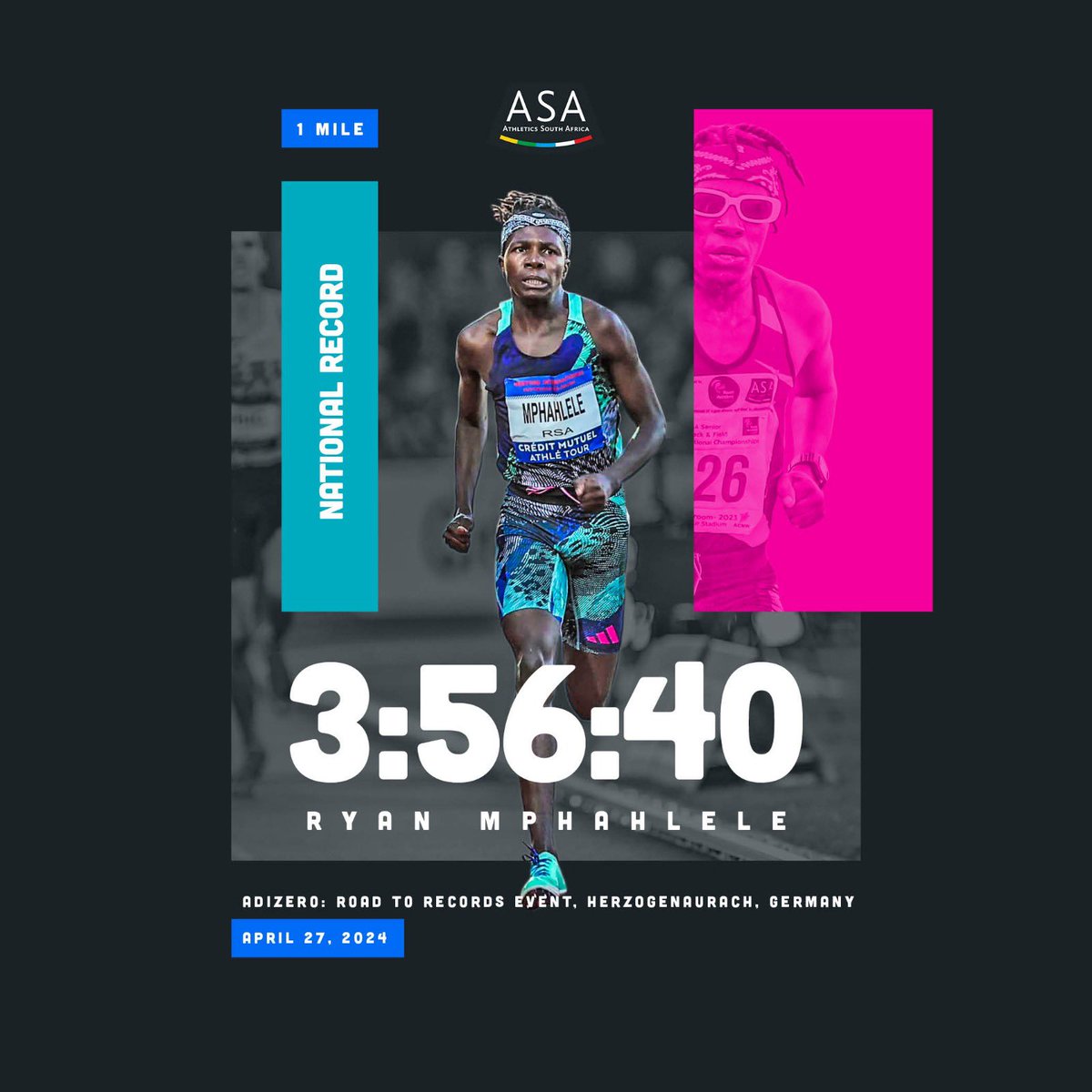 Ryan Mphahlele just keeps getting faster! Awesome effort from him in Germany over the weekend, breaking his own national record over the mile distance on the road.