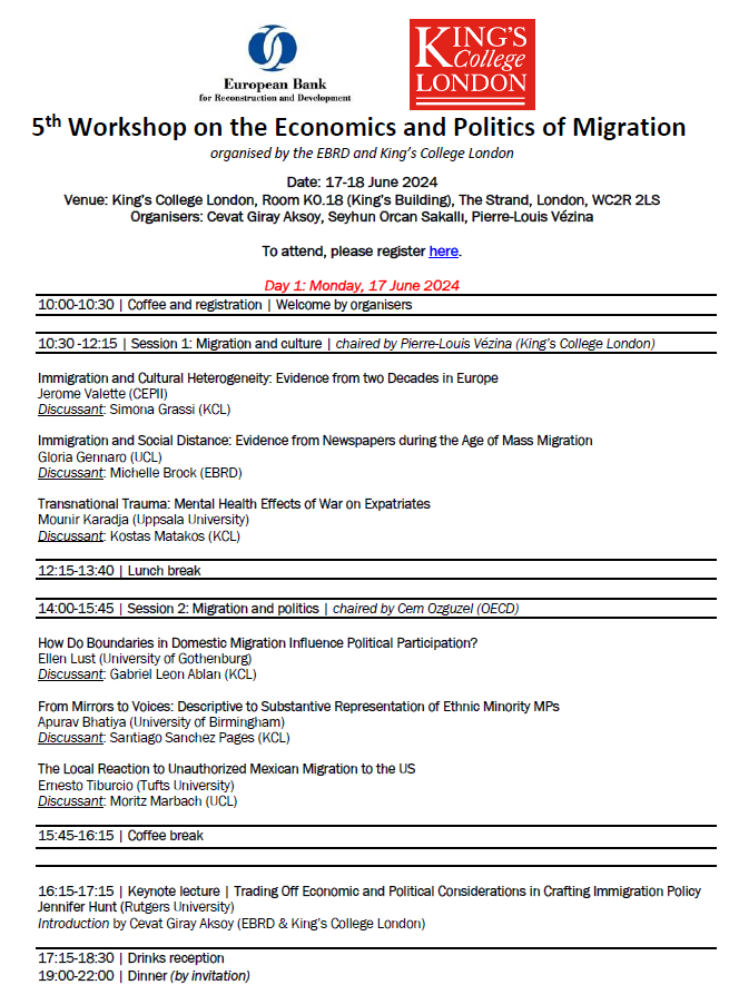 🚨The program is out for the 5th @EBRD-@KingsCollegeLon Workshop on the Economics and Politics of #Migration.  It's happening on 17-18 June at KCL 🔥🔥🔥. Register here to attend: docs.google.com/forms/d/e/1FAI…