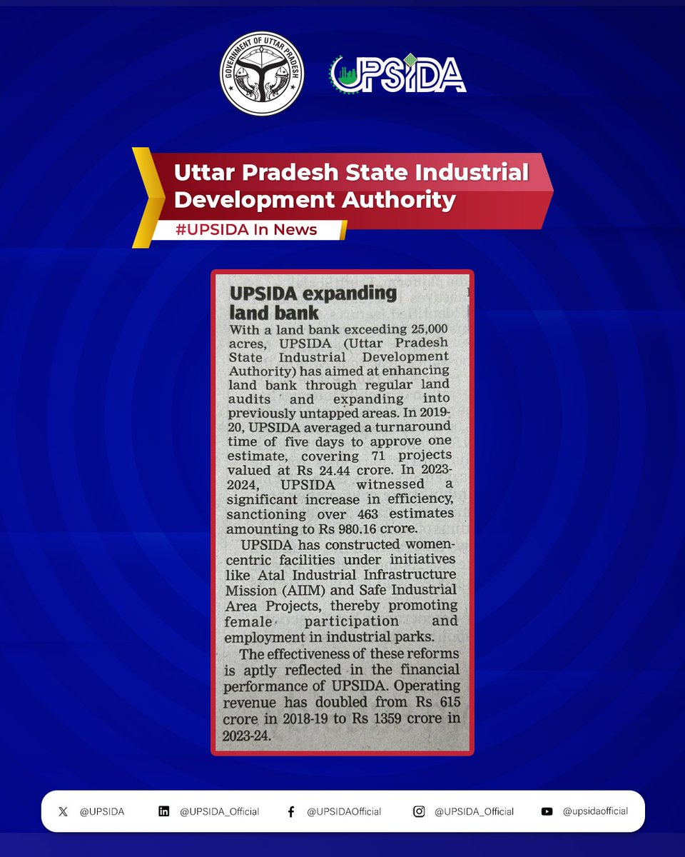 #UPSIDA_IN_NEWS UPSIDA, Uttar Pradesh's largest Industrial Development Authority, stands as a key driver of the state's economic progress. With its significant contributions, UPSIDA has cemented its position as a leading force in Uttar Pradesh's economic upliftment. #UPSIDA…