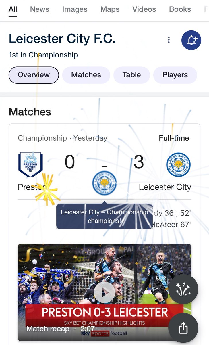 Love what Google’s done today to celebrate @LCFC - type in Leicester City in the search to get fireworks 💙💙💙