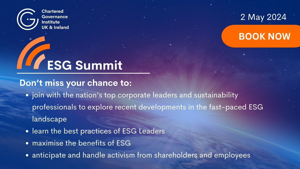 Act fast! Just 2 days remaining to secure your tickets for the ESG Summit. Don’t pass up the chance to delve into the intricate ESG landscape. Get your ticket now: buff.ly/3Kyz1GM #CGIUKI #Governance #ESGSummit #Sustainability #CGIUKIEvent