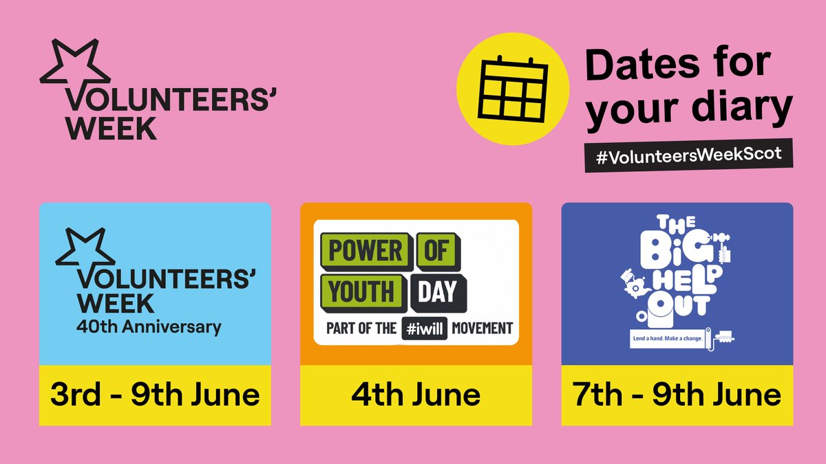 📅Save the date: Volunteers' Week 2024 takes place Monday 3rd- Sunday 9th June this year with: #PowerofYouthDay on Tuesday 4th June AND #BigHelpOut from Friday 7th - Sunday 9th June JOIN US & GET INVOLVED! 🎉 volunteersweek.scot/get-involved #VolunteersWeekScot