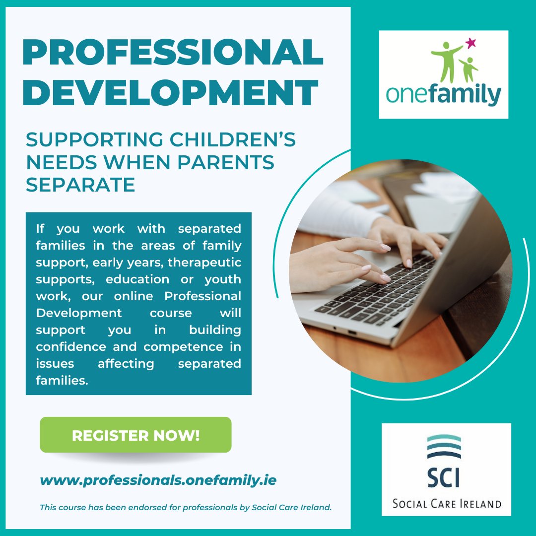 Do you work with separated families in the areas of family support, early years, therapeutic supports, education, or youth work? Then our online Professional Development course might be for you! #professionaldevelopment Learn more about the course here: professionals.onefamily.ie