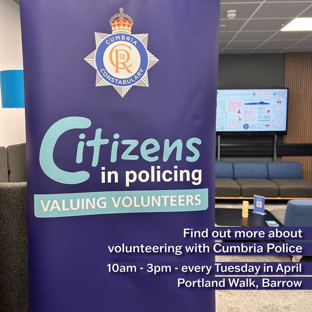 Our Citizens in Policing team are at the Career Inspiration Hub at Portland Walk, Barrow. Come and visit them to find out more about volunteering with Cumbria Police 👮 .