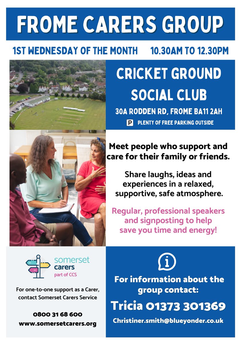 Tomorrow we have Carers Groups in Keinton Mandeville and Frome. 

The Frome group has a speaker on Tai Chi and Carers Support Development Worker, Cath, will also be there for any questions about your carers role.

#somersetcarers #carersupport #KeintonMandeville