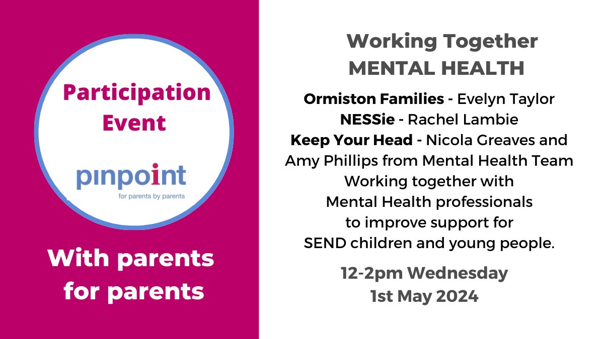 Last chance to book! Participation Events are termly sessions offering a safe space for SEND parents carers & Mental Health professionals to work together to improve support for SEND children & young people. Book here: ow.ly/4ySI50RnOqn #ChildrensMentalHealth #EBSA