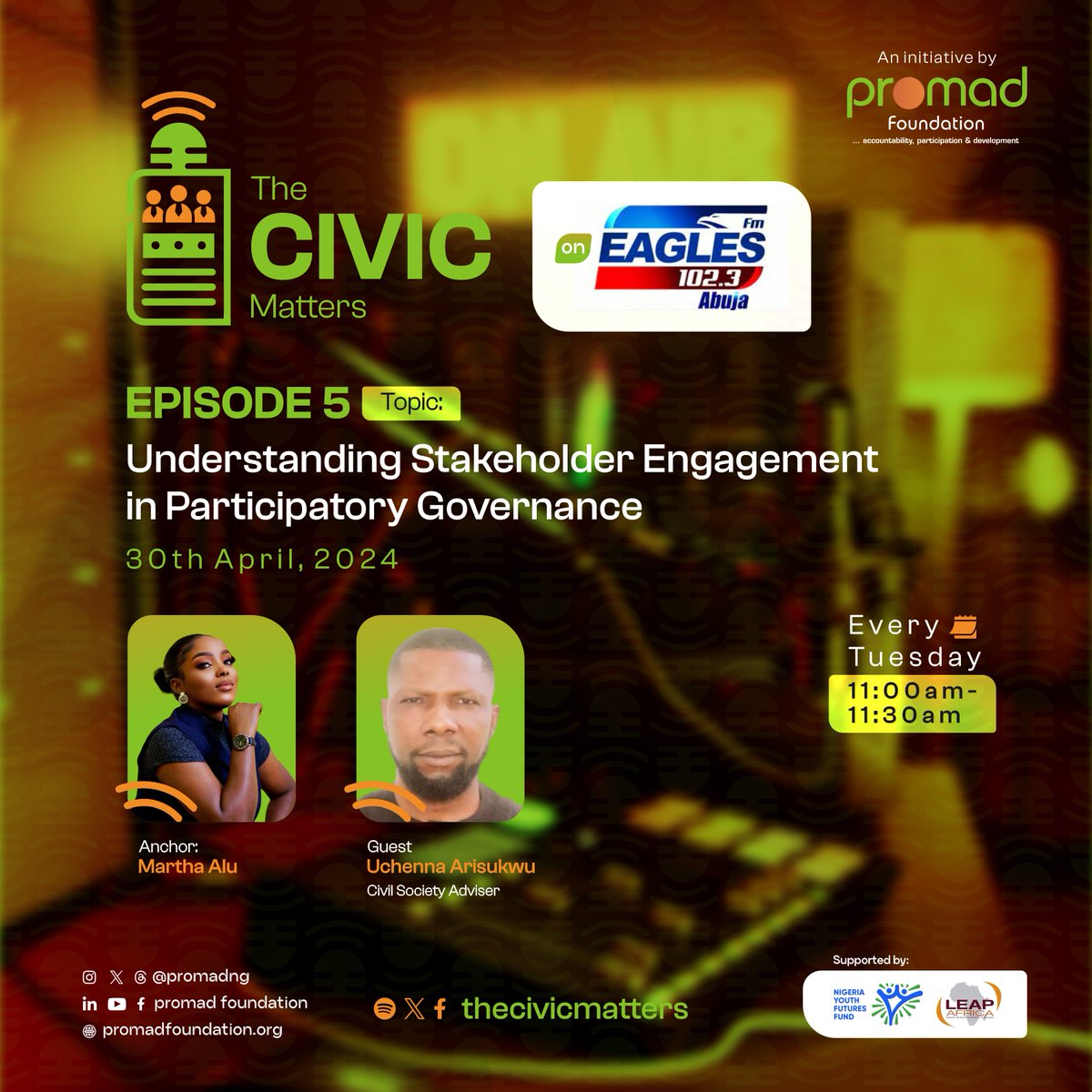 🎙️ Join us for episode 5 of #TheCivicMatters with Martha Alu and guest Uchenna Arisukwu! 

We're discussing 'Stakeholder Engagement in Participatory Governance.' 

Tune in at 11 am for insights into this vital aspect of governance! #ParticipatoryGovernance #StakeholderEngagement