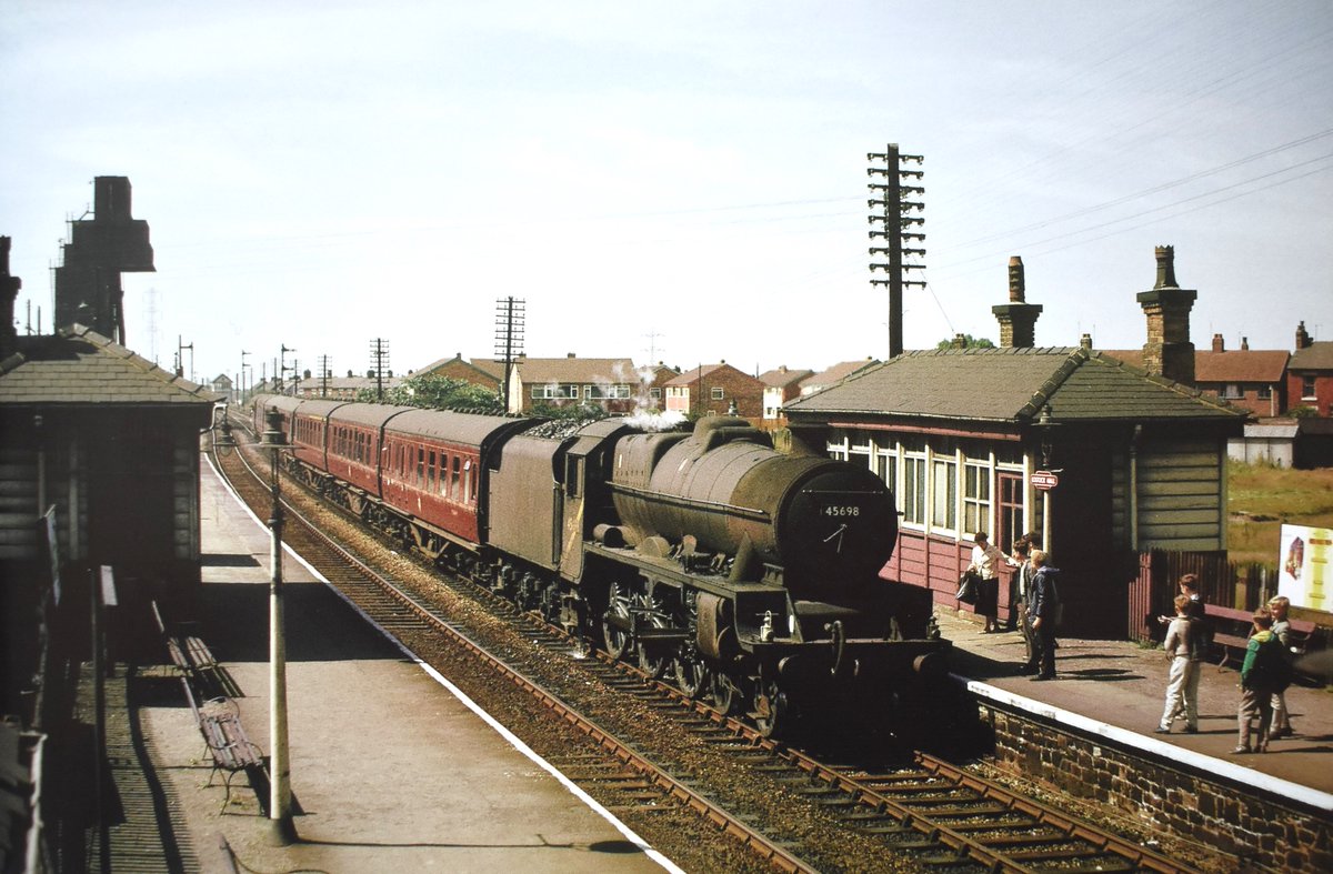Jubilee Class 45698 'Mars' is seen at Lostock Hall with the 12.27pm from #Liverpool Exchange to #Blackpool North. Date: 17th August 1965 📷 Photo by Peter Fitton. #steamlocomotive #1960s #Lancashire #BritishRailways