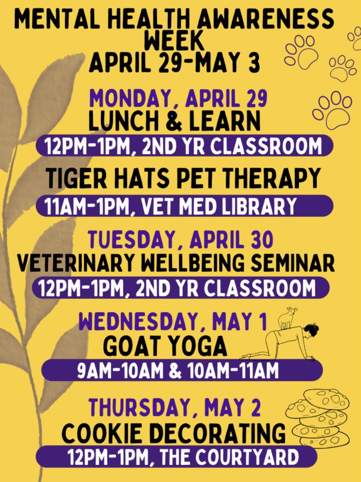 It’s Mental Health Awareness Week & we’re doing something @LSUVetMed every day to recognize this important theme. The events in isolation are by nature transient but the underlying ethos of a community focused on wellbeing & engagement is everlasting. #LSU #BetteringLives #WeCare