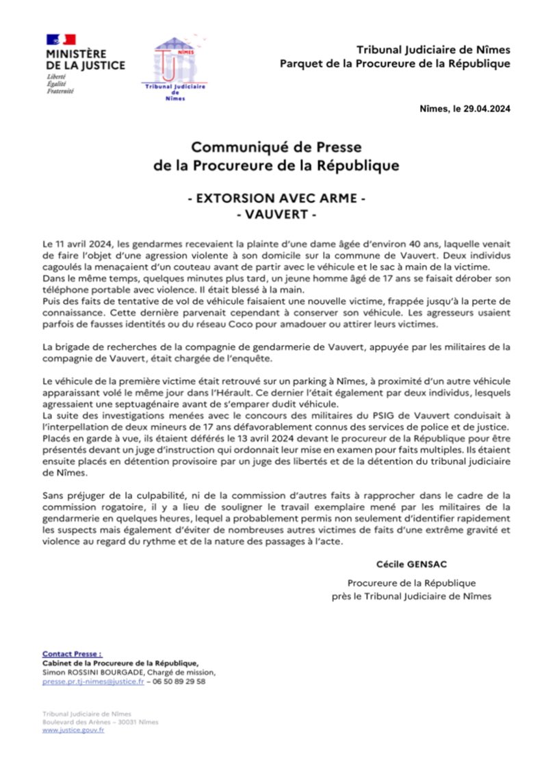 🗞️ [Communique de presse] Extorsion avec arme à Vauvert le 11 avril 2024 👇