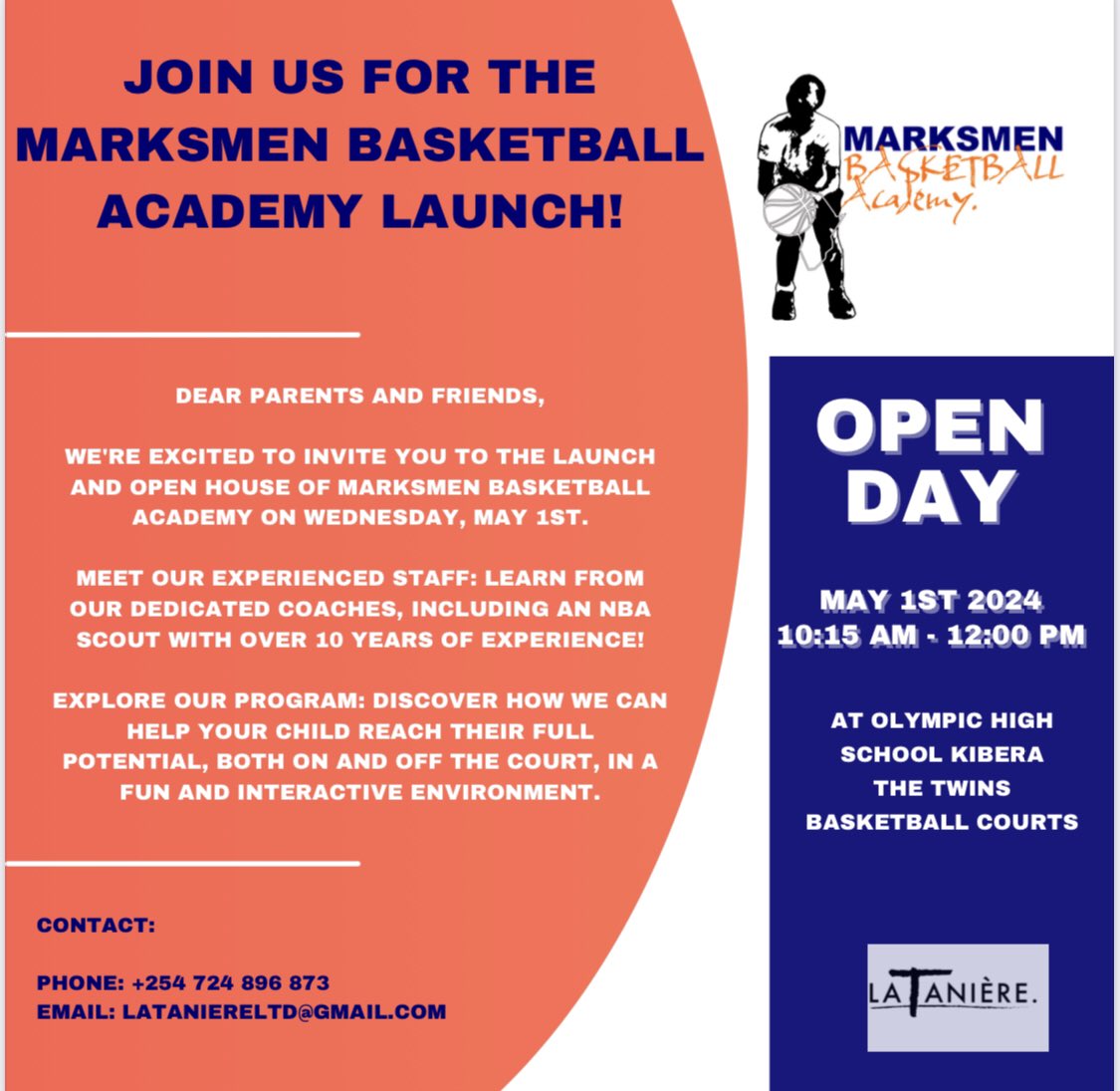 We’re thrilled to announce the launch of Marksmen Basketball Academy, a collaborative effort between La Tanière LTD and the African Basketball Dreamers Association(ABDA) with the support of the @kbf_basketball Phone: +254 724 896 873 Daniel O La Tanière LTD & ABDA Partnership