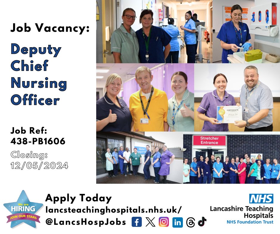 Job Vacancy: Deputy Chief #Nursing Officer A rare opportunity... Are you ready to take your nursing career to the next level? If so seize this opportunity & join us at @LancsHospitals ⏰Closes: 12/05/24 Read more & apply: lancsteachinghospitals.nhs.uk/join-our-workf… #NHS #NHSjobs #lancashire