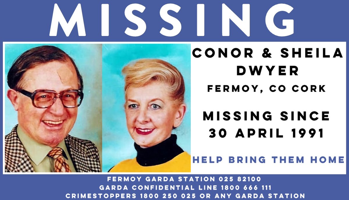 Anniversary: Conor & Sheila Dwyer from Fermoy, Co Cork have been missing since April 1991. They lived at Chapel Hill, Fermoy and were last seen at St Patrick's Church in Fermoy on 30 April 1991. 
#HelpBringThemHome #Missing #MissingPerson #Fermoy #Cork