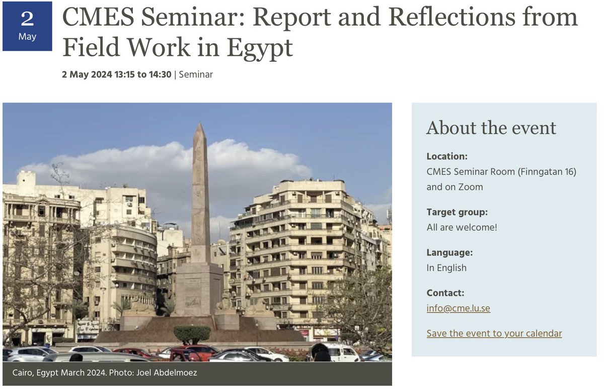 Join us on 2 May for a seminar with @JWAbdelmoez about his recent field work in Egypt. Welcome in person or register for a Zoom link: cmes.lu.se/calendar/cmes-…