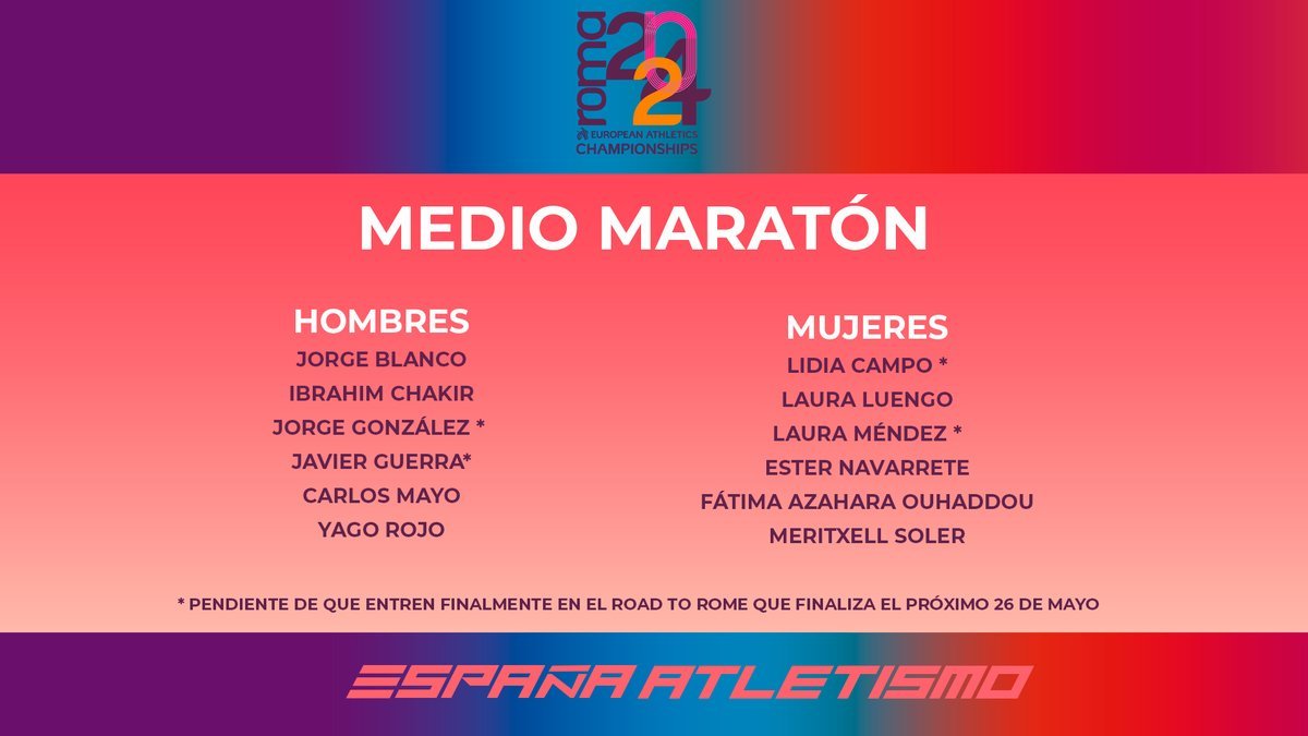 🇪🇸📋 Se desvela uno de los equipos que más aspirantes tenía para este verano. Estos son los 12 atletas que representarán a #EspañaAtletismo en el Campeonato de Europa de Medio Maratón que se celebra en Roma. #CORREDOR\