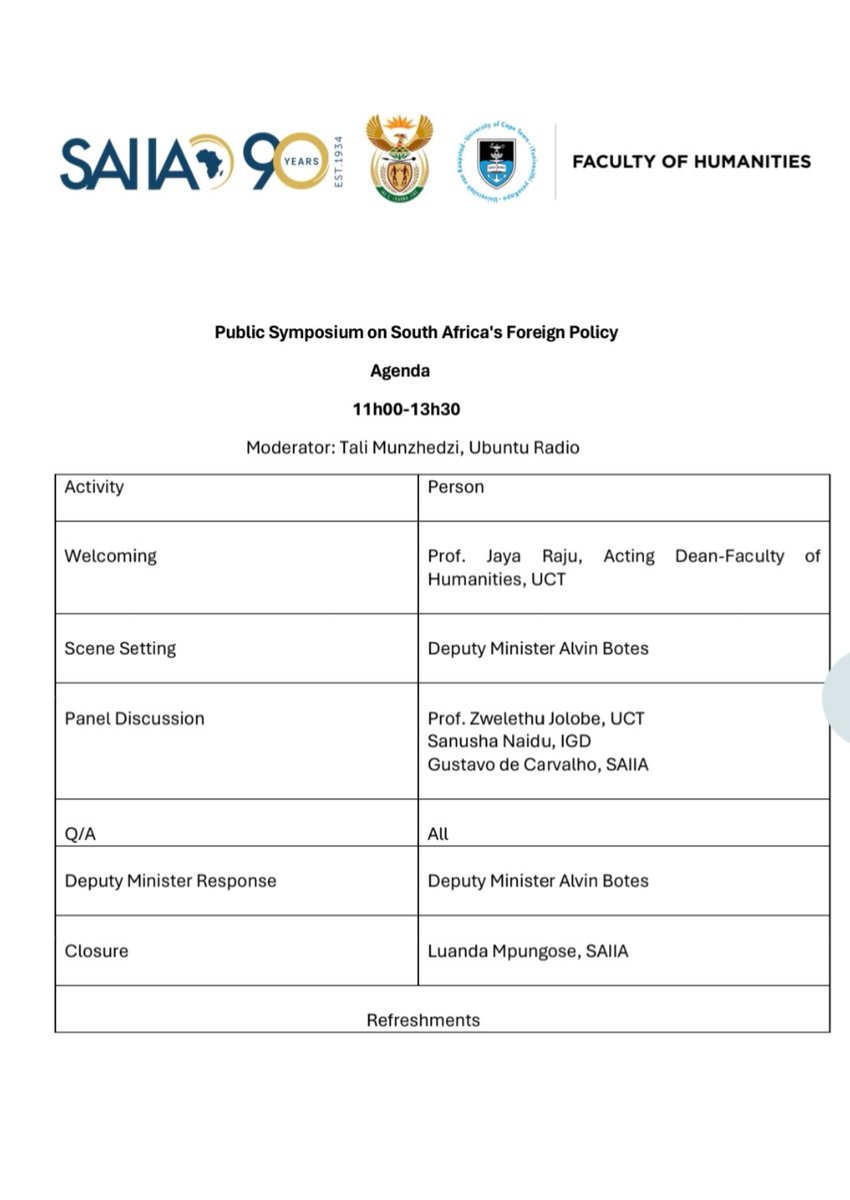 #SAForeignPolicy Symposium will be live on #DIRCO Facebook page.
 
The event, aimed at continuing #PublicDiplomacy efforts to engage broad sectors of society in understanding & implementing SA foreign policy, is organised by #DIRCO in partnership @SAIIA_info  & UCT.