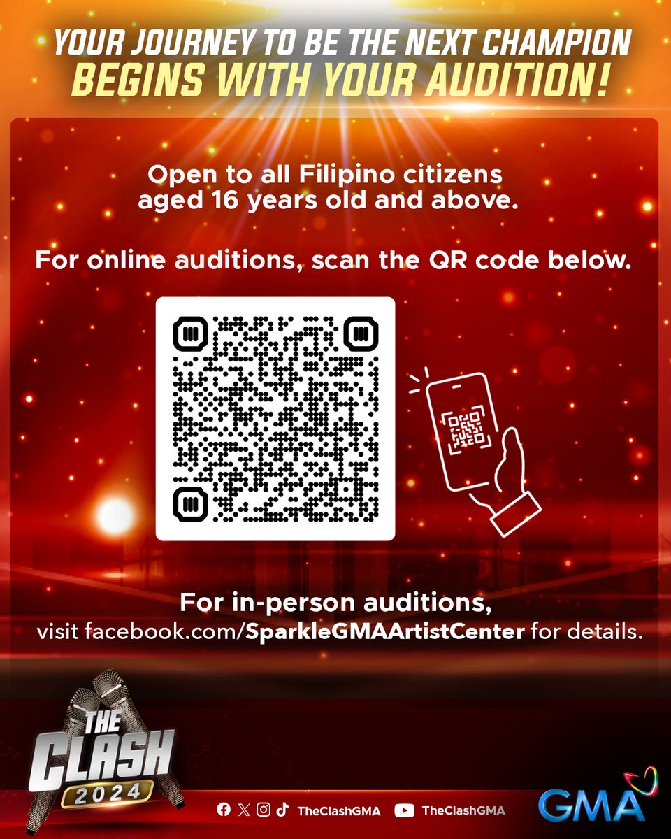 Your journey to be the next champion begins with your audition! 🙌 OPEN TO ALL FILIPINO CITIZENS AGED 16 YEARS OLD AND ABOVE! Sali na sa #TheClash2024! Just scan the QR code below or visit Facebook.com/SparkleGMAArti… for in-person auditions 💖
