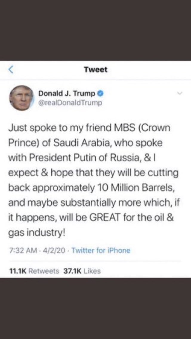 @EastEndJoe It’s very true !! Check the date on his tweet. He was interested in increasing fuel prices. To make higher profits for foreign oil producers . He put them over American consumers. It’s only because of Covid it didn’t happen.