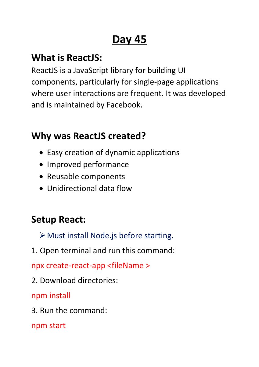 #DAY45
Don't give up on yourself
There is a reason why you started🔥🔥
Push your limits💯
#100DaysOfCode  #NoLimitsOnUs  

Today's topic:      
-  What is React
- Why was React created? 
- Setup React