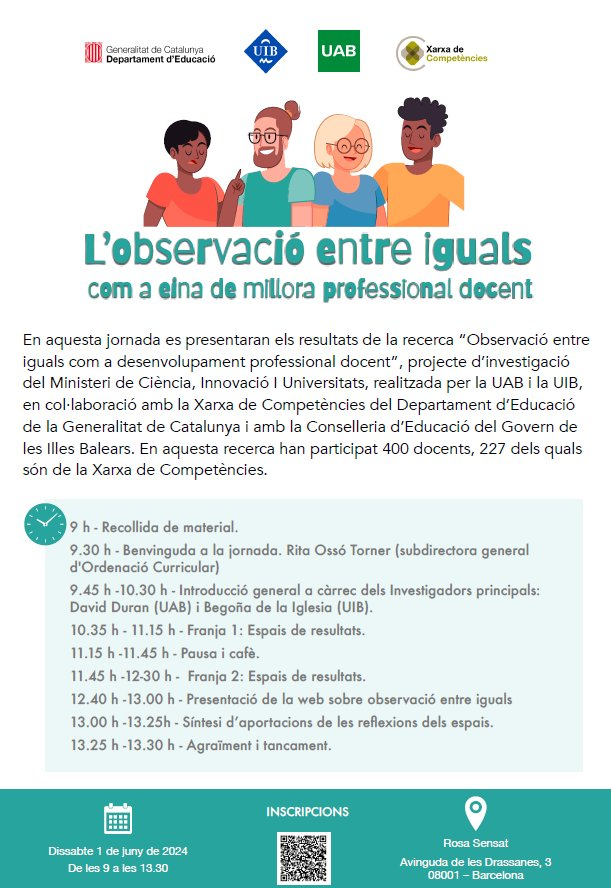 L'observació entre iguals no és una pràctica habitual en els centres catalans, però el 90% dels docents que ho han experimentat, repetirien. Aquest és un dels resultats de la recerca del @GraiUab, que es presentarà el proper 1 de juny. Inscriu-t'hi! aplicacions.ensenyament.gencat.cat/pls/soloas/pk_…