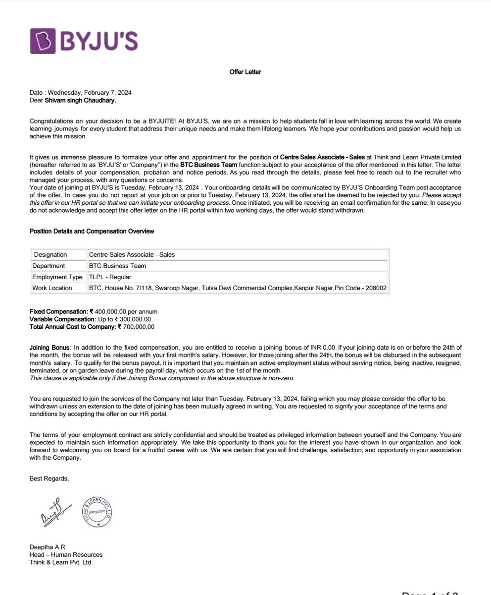 @ByjuRaveendran , @tweetdivya , @aajtak , @modi,@myogioffice @MCA21India 'Disappointed with @BYJUS for forcefully firing me after just 1.5 months of work and promise to pay my salary by April 10th but no one responding to my calls to address this issue. #BYJUS #UnfairTreatment'