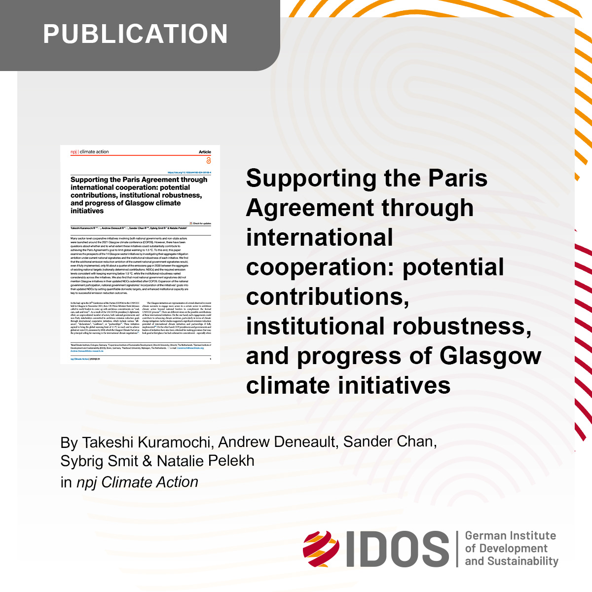 📚 New #publication To what extent can the 14 Glasgow sector initiatives contribute to achieving the #ParisAgreement’s goal of limiting #GlobalWarming? @TakeshiKuramo @andrewdeneault, @sanderchan & Natalie Pelekh provide answers in @Nature_NPJ: nature.com/articles/s4416….