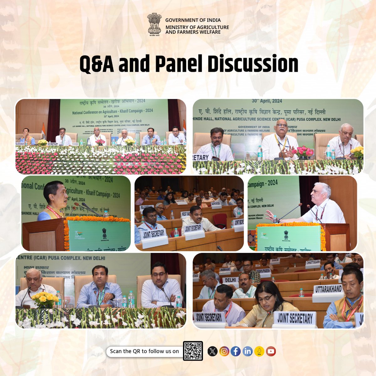 A panel discussion on 'Climate-Resilient Agriculture' followed by a Question & Answer session was led by Shri Franklin Khobung, JS(NRM) during the National Conference on #KharifCampaign2024 at A.P. Shinde Symposium Hall, NASC Complex, PUSA, New Delhi on 30th April 2024. #agrigoi