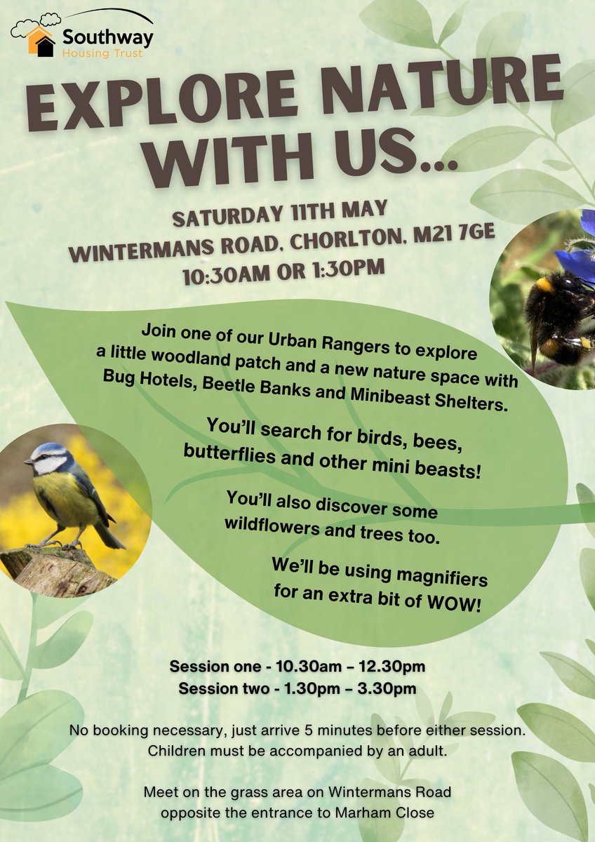 SouthwayHousing's tweet image. Come and explore nature with us 🌳

Join one of our Urban Rangers to explore a little woodland patch and a new nature space. You’ll discover Bug Hotels, Beetle Banks and Minibeast Shelters, search for birds, bees and butterflies and identify wildflowers and trees too 🌻🪲

(1/3)