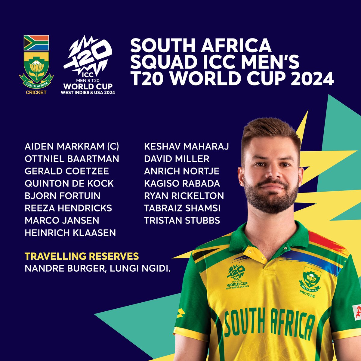 🚨𝙎𝙦𝙪𝙖𝙙 𝘼𝙣𝙣𝙤𝙪𝙣𝙘𝙚𝙢𝙚𝙣𝙩 🚨

Captain Aiden Anna Leading South African Team For T20 World Cup 2024 in West Indies & USA …!!!💥

Aiden Markram Won Back-To-Back @SA20_League Trophy.

All The Best @AidzMarkram And SouthAfrica Team 😻

#ProteasMen #T20WorldCup24