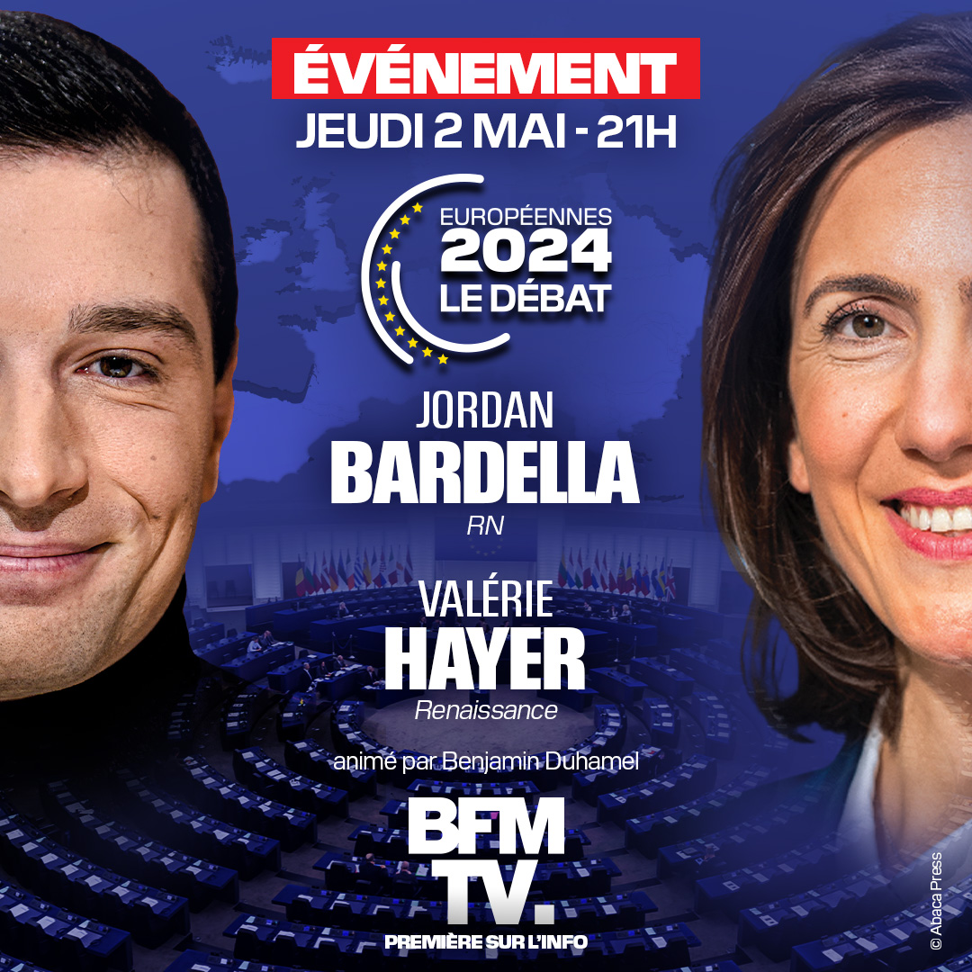 🚨ÉVÉNEMENT SUR @BFMTV 🗳️'Européennes 2024, le débat' 📅Jeudi 2 mai à 21h 🗣️Le débat opposant les deux têtes de listes favorites dans les sondages : ➡️Jordan Bardella ➡️Valérie Hayer 🎙️Présenté par @Ben_Duhamel