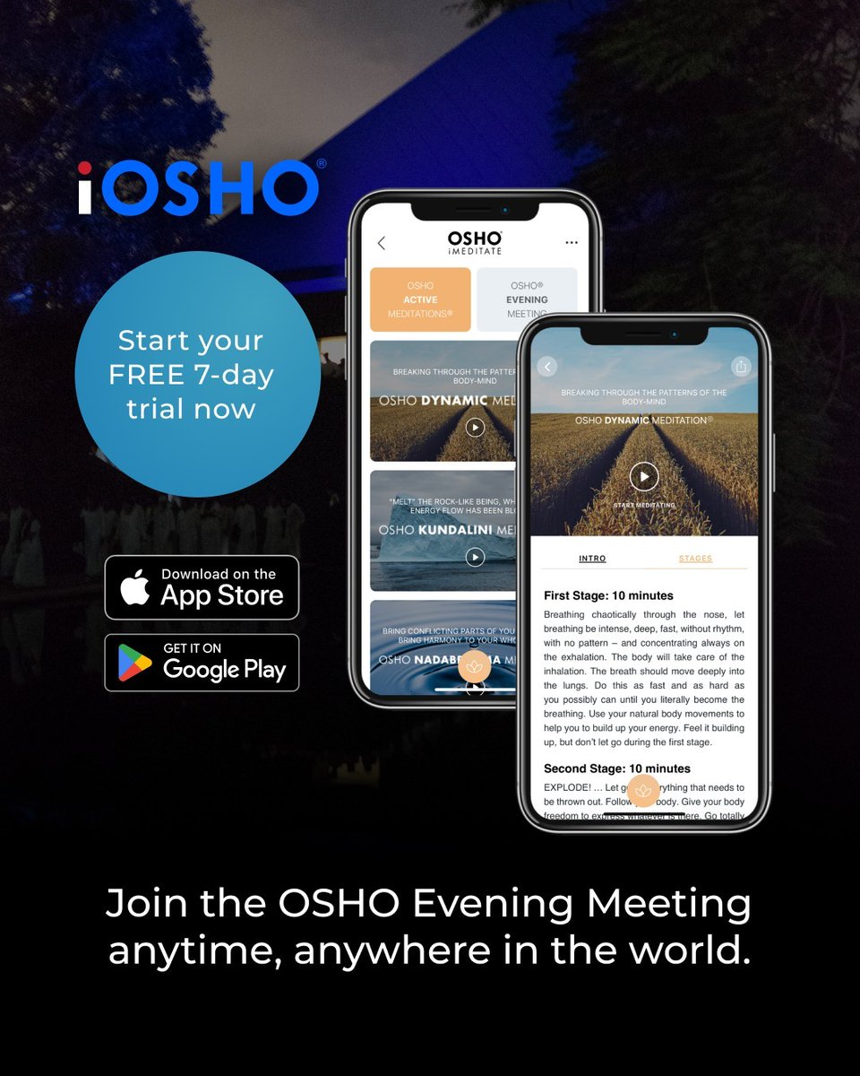 The Evening Meeting is the time when everyone can dance and celebrate and then sit silently. You can now experience the OSHO Evening Meeting that is streamed daily on iOSHO 👇 Try 7 days for FREE! You can download it here: iosho.osho.com