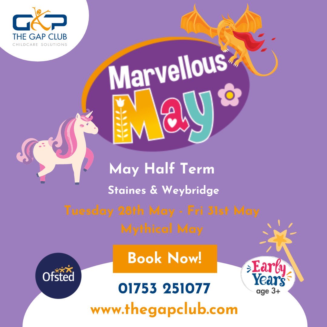 Bookings are now open for the May Half Term @:
- Weybridge (28th May – 31st May)
- Staines (28th May – 31st May)

We will be open from 8:00am – 6:30pm every day and 
our theme this half term is ‘Marvellous May’ 

Spaces are filling up fast so book now: thegapclub.com