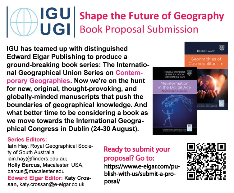 The IGU has teamed up with Edward Elgar Publishing to produce a ground-breaking book series on Contemporary Geographies. Now we're on the hunt for new, original, thought-provoking, and globally-minded manuscripts! Go to e-elgar.com/publish-with-u…!