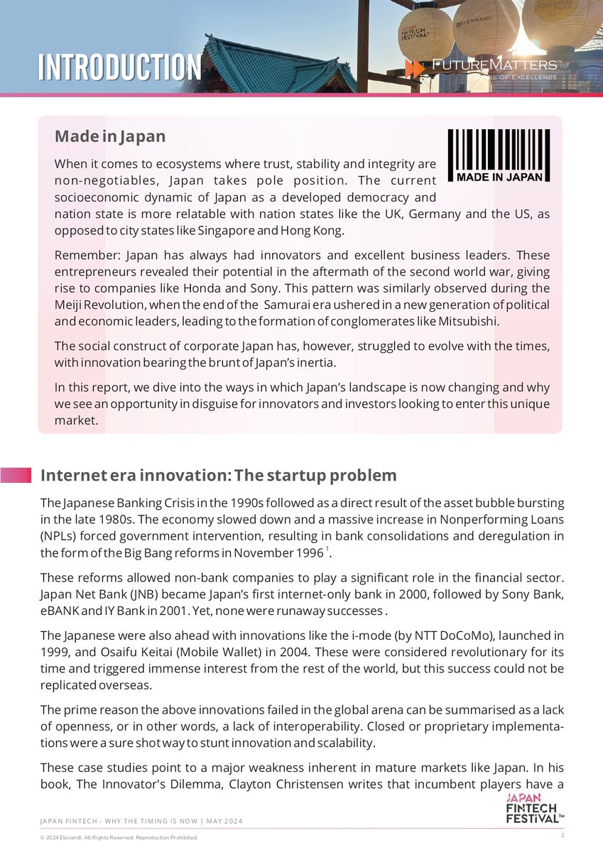 Discover why NOW is the perfect time for FinTech pioneers to thrive in Japan! A bastion of trust, Japan is ripe for FinTech innovation. Dive in to explore its hidden opportunities: elevandi.io/insights/japan… Contribute: elevandi.io/apply-to-be-a-… @takeshi_kito @JPNFinTechFest