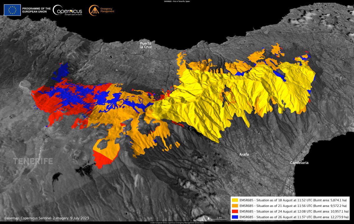 #DYK that #wildfires burnt over 1,000 km² of land in #Spain 🇪🇸 in 2023 ❓ The largest fire 🔥 affected over 120 km² of land in #Tenerife, in which our #MappingTeam was activated to support the emergency response Read more in our latest #EFFIS report 👇 e.copernicus.eu/EFFIS_Advanced…