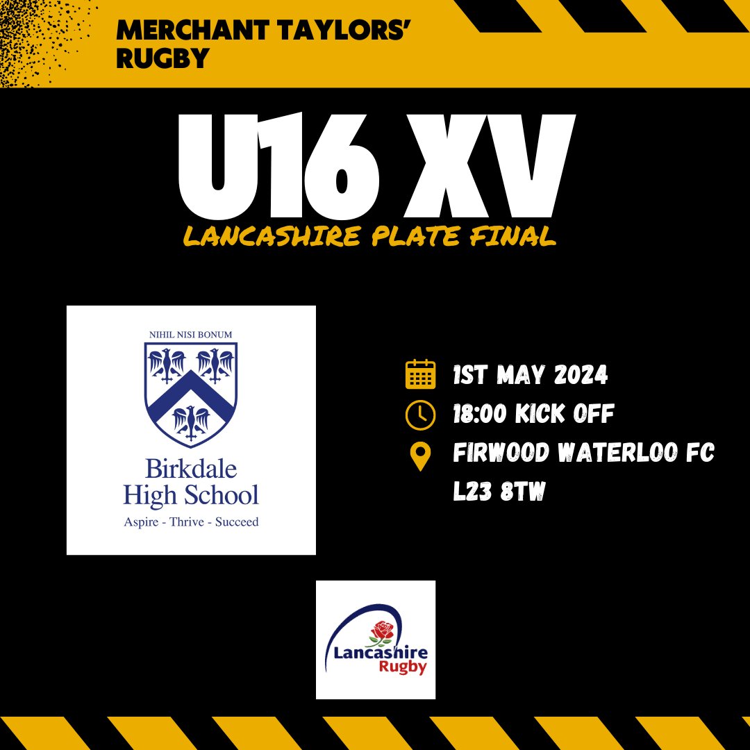 On Wednesday evening the U16 XV are playing Birkdale HS in the Lancashire Plate Final full details below ⬇️ There will be refreshments / food available to purchase on the night as well for spectators. 🟨⬛️🏉 @MerchantsCrosby