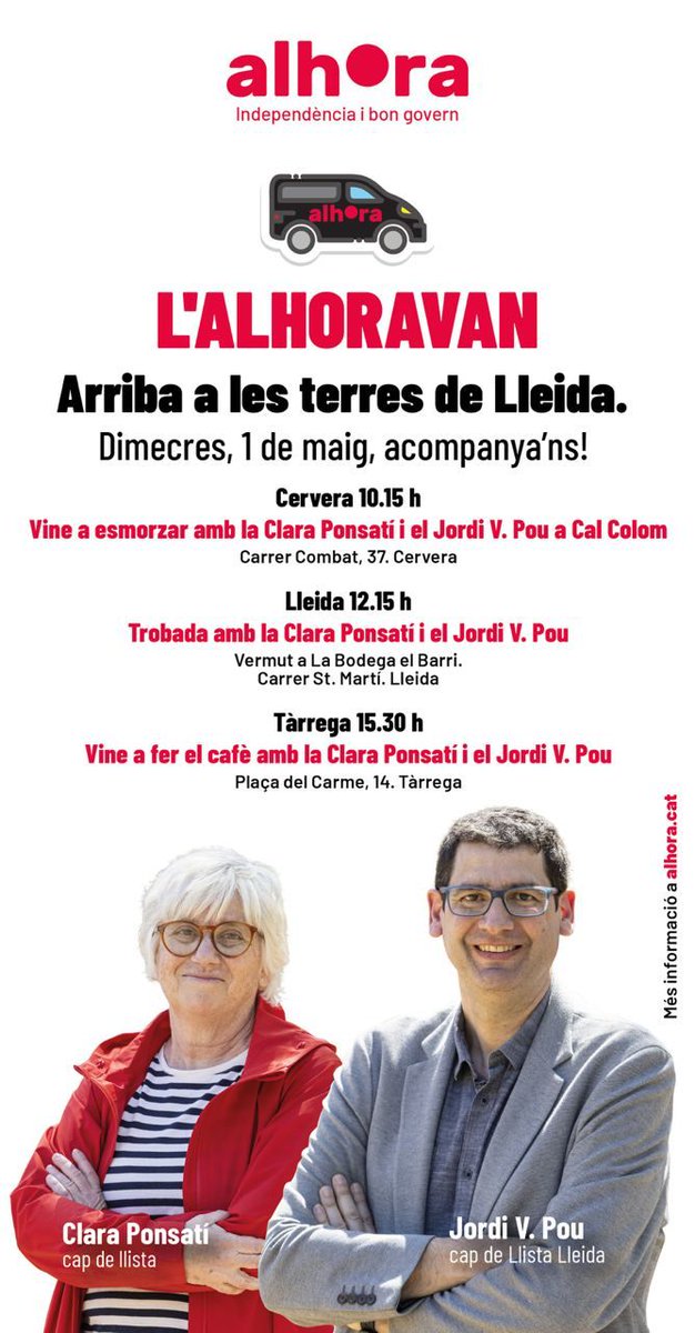 Ep, Demà! A Lleida, Tàrrega i Cervera. Veniu! La gent d'@alhora_cat us volem escoltar i presentar-vos les nostres propostes. Amb la @ClaraPonsati