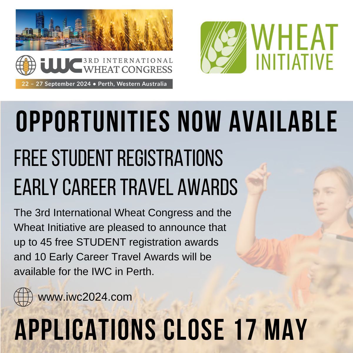 Exciting opportunities from @WheatInitiative & 3rd International Wheat Congress: 👉45 FREE student registration awards 👉10 Awards (upto 2000 Euro) for early career researchers Visit & apply- wheatinitiative.org/opportunities and iwc2024.com .