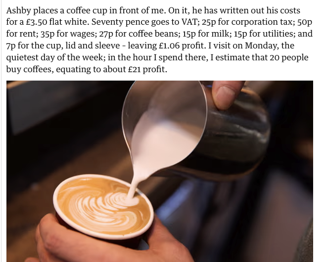 It's rare to see costs, sales and profit laid out so transparently in mainstream journalism - nice piece by @sirin_kale on the £5 coffee (though this example relates to a £3.50 one) theguardian.com/lifeandstyle/2…