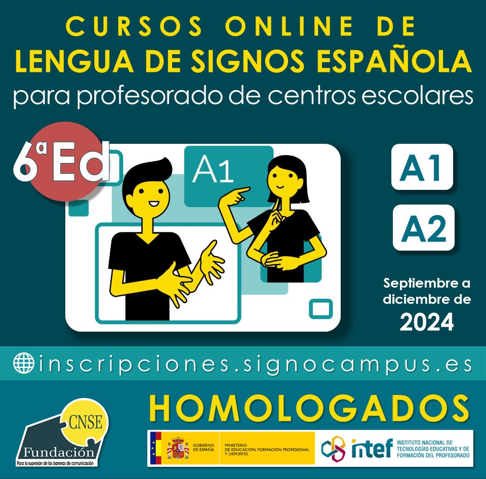 Ya está abierta la matrícula para los cursos online de lengua de signos española #LSE A1 y A2 para profesorado de centros escolares, homologados por el Ministerio de Educación. Información y matrícula: inscripciones.signocampus.es