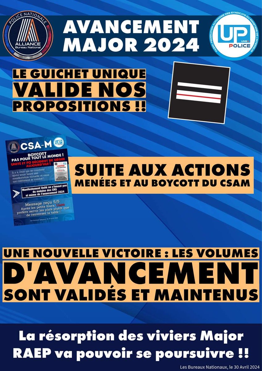 ⚠️ #Avancement #Major 2024
Le guichet unique valide nos propositions !

➡️ Les volumes d'avancements sont validés et maintenus

➡️ La résorption des viviers Major #RAEP va pouvoir se poursuivre !!

#alliancepn  #police #Rennes #fougères #stmalo #bretagne
#victoire