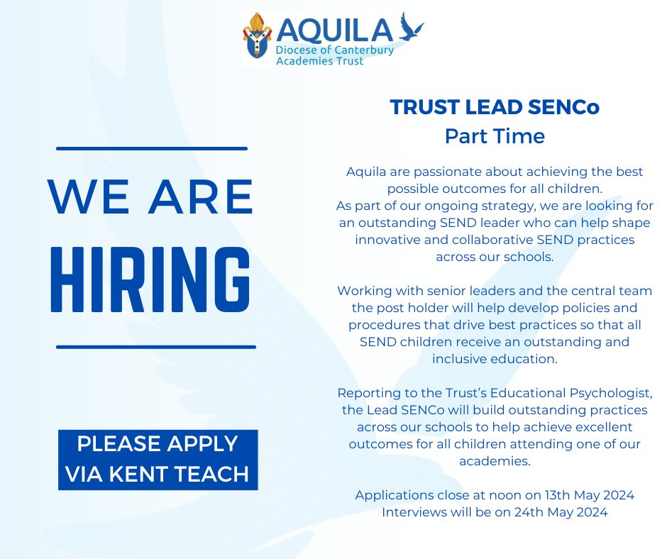Are you an experienced SEND leader, looking for a new position? We're hiring! 

For more details and to apply, please use Kent Teach: 
kent-teach.com/Recruitment/Va…

#sendrecruitment #sendco #senco #educationrecruitment #vacany #kentjob #hiring