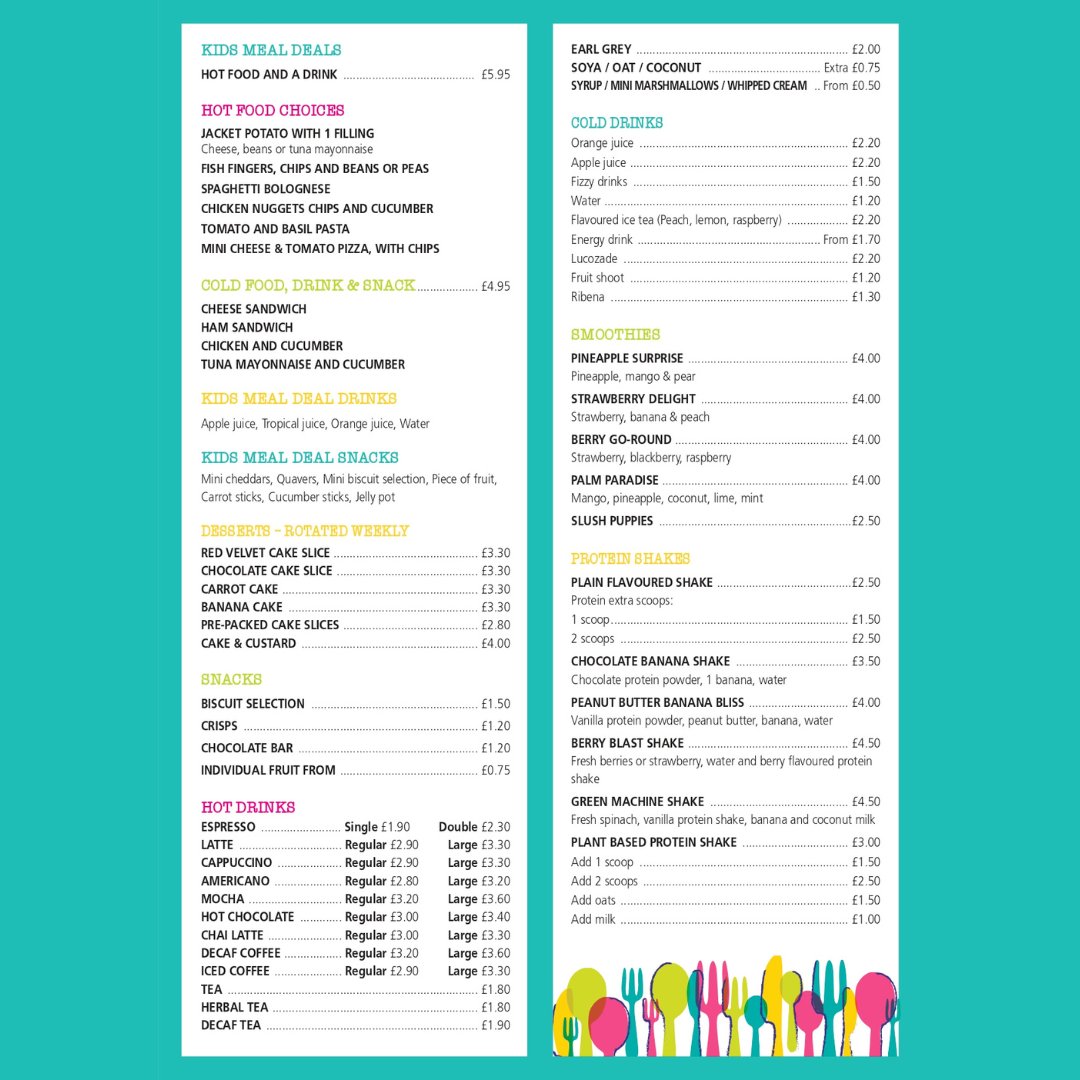 Did you know the café has reopened!? 🙌

See the attached menu from Cleous Bites to see what's on offer 🤩

⏰ New hours:
- Monday to Friday: 8am to 8pm
- Saturday and Sunday: 8am to 4pm
📍 Laura Trott Leisure Centre, 44 Windmill Lane, Cheshunt, EN8 9AJ