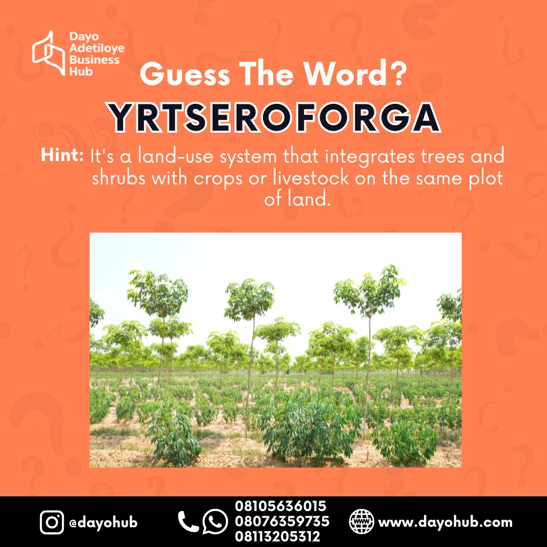 It's #TriviaTuesday again! Guess the Word Challenge!
Put your detective hats on and follow the clues:

1️⃣  It's a land-use system that integrates trees and shrubs with crops or livestock on the same plot of land.
2️⃣ Combines the benefits of agriculture and forestry.

#DABH