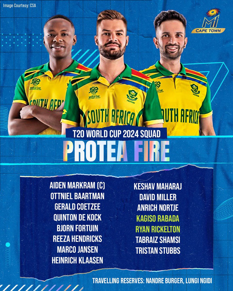 A first T20I call-up for our Super Ryan & King KG’s in the squad. 🔥

Here are the men who’ll carry the #ProteaFire to the ICC Men’s #T20WorldCup 🇿🇦💚