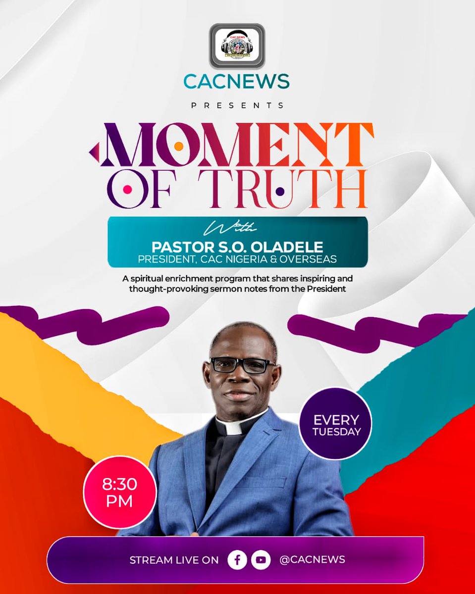 CACWORLDNEWS's tweet photo. IT STARTS TODAY !
MOMENT OF TRUTH !
Join us today for the maiden edition of this programme on @cacnews on FACEBOOK.
Invite everyone you know
It's the Moment of Truth !
#MomentofTruth
#MomentofTruthwithCACPresident
#CACPresident
#PastorSOOladele
#CACNews https://t.co/U98yhwNSuU