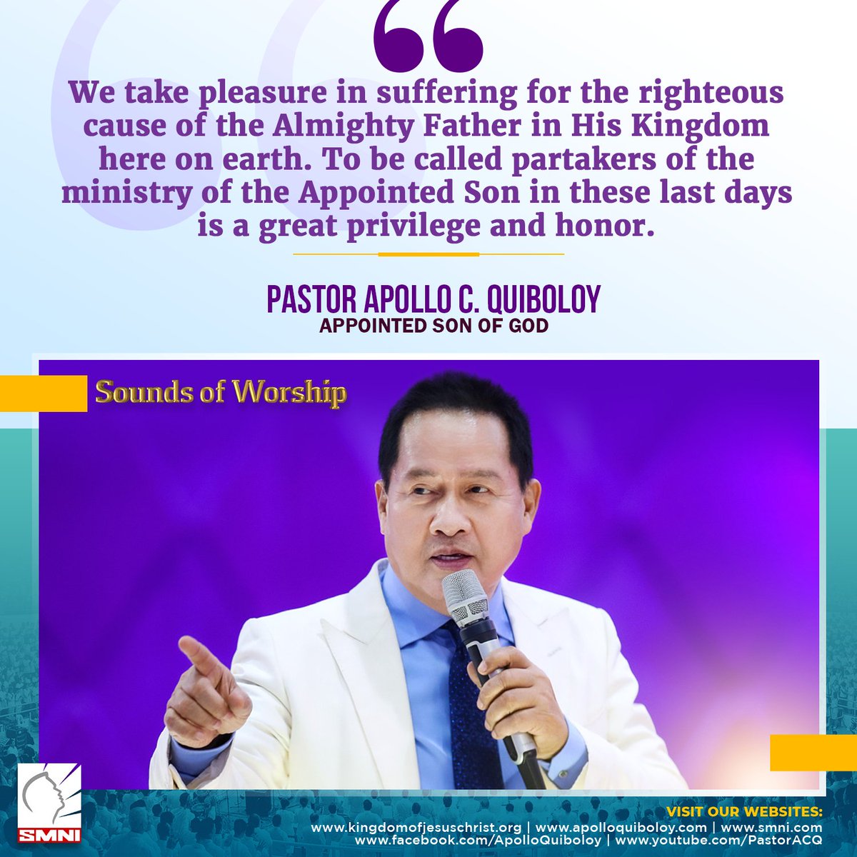 We take pleasure in suffering for the righteous cause of the Almighty Father in His Kingdom of God on earth. To be called partakers of the ministry of the Appointed Son in these last days is a great privilege and honor. #ApolloQuiboloy #KingdomofJesusChrist #WordsoftheSon