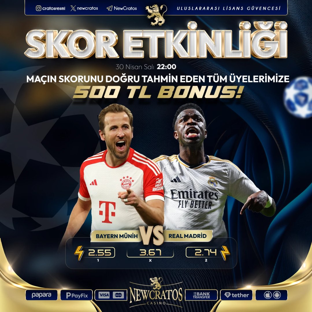 #BAYERNMUNIH  🆚  #REALMADRID

📅 30.04.2024 ⏰ 22:00

💰 Karşılaşmanın Skorunu Doğru Tahmin Eden Tüm Üyelerimize 😎

500₺ #BONUS! 💝

✅ Katılımlar 30.04.2024 Saat 22:00'a kadar geçerlidir 🎉

👑 Etkinlik Kural ve Şartları Formda...